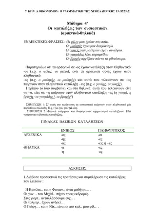 7. ΚΩΝ. Α.ΟΙΚΟΝΟΜΟΥ: Η ΓΡΑΜΜΑΤΙΚΗ ΤΗΣ ΝΕΟΕΛΛΗΝΙΚΗΣ ΓΛΩΣΣΑΣ
Μάθημα 4ο
Οι καταλήξεις των ουσιαστικών
(αρσενικά-θηλυκά)
ΕΝΔΕΙΚΤΙΚΕΣ ΦΡΑΣΕΙΣ : Οι φίλοι μου ήρθαν στο σπίτι.
Οι μαθητές έγραψαν διαγώνισμα.
Οι γονείς των μαθητών είχαν συνέδριο.
Οι γιαγιάδες λένε παραμύθια.
Οι βροχές αρχίζουν πάντα το φθινόπωρο.
Παρατηρούμε ότι τα αρσενικά σε -ος έχουν κατάληξη στον πληθυντικό
-οι (π.χ. ο φίλος, οι φίλοι), ενώ τα αρσενικά σε-ης έχουν στον
πληθυντικό
-ες (π.χ. ο μαθητής, οι μαθητές) και αυτά που τελειώνουν σε –ας
παίρνουν στον πληθυντικό κατάληξη –εις (π.χ. ο γονέας, οι γονείς).
Περίπου το ίδιο συμβαίνει και στα θηλυκά: αυτά που τελειώνουν είτε
σε –α, είτε σε –η παίρνουν στον πληθυντικό κατάληξη –ες (η γιαγιά, η
βροχή ~οι γιαγιάδες ¹, οι βροχές²)
ΣΗΜΕΊΩΣΗ 1: Σ’ αυτή την περίπτωση τα ουσιαστικά παίρνουν στον πληθυντικό μία
παραπάνω συλλαβή Π.χ.: για-για, για-γιά-δες.
ΣΗΜΕΙΩΣΗ 2: Φυσικά υπάρχουν και διαφορετικοί σχηματισμοί καταλήξεων. Εδώ
γράφονται οι βασικές καταλήξεις.
ΠΙΝΑΚΑΣ ΒΑΣΙΚΩΝ ΚΑΤΑΛΗΞΕΩΝ
ΕΝΙΚΟΣ ΠΛΗΘΥΝΤΙΚΟΣ
ΑΡΣΕΝΙΚΑ -ος -οι
-ης -ες
-ας -εις ή –ες
ΘΗΛΥΚΑ -α -ες
-η -ες
ΑΣΚΗΣΕΙΣ
1.Διάβασε προσεκτικά τις προτάσεις και συμπλήρωσε τις καταλήξεις
που λείπουν :
Η Βασιλικ.. και η Φωτειν.. είναι μαθήτρι… .
Οι γον… του Μιχάλ.. πήγαν τρεις εκδρομές.
Στις γιορτ.. ανταλλάσσουμε ευχ... .
Οι τολμηρ.. έχουν ανδρεί.. .
Ο Γιώργ… και η Νίκ.. είναι οι πιο καλ.. μου φίλ.. .
 