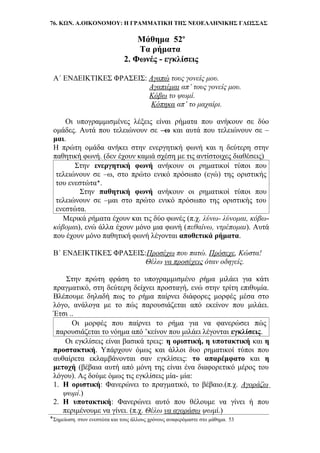 76. ΚΩΝ. Α.ΟΙΚΟΝΟΜΟΥ: Η ΓΡΑΜΜΑΤΙΚΗ ΤΗΣ ΝΕΟΕΛΛΗΝΙΚΗΣ ΓΛΩΣΣΑΣ
Μάθημα 52ο
Τα ρήματα
2. Φωνές - εγκλίσεις
Α΄ ΕΝΔΕΙΚΤΙΚΕΣ ΦΡΑΣΕΙΣ: Αγαπώ τους γονείς μου.
Αγαπιέμαι απ’ τους γονείς μου.
Κόβω το ψωμί.
Κόπηκα απ’ το μαχαίρι.
Οι υπογραμμισμένες λέξεις είναι ρήματα που ανήκουν σε δύο
ομάδες. Αυτά που τελειώνουν σε –ω και αυτά που τελειώνουν σε –
μαι.
Η πρώτη ομάδα ανήκει στην ενεργητική φωνή και η δεύτερη στην
παθητική φωνή. (δεν έχουν καμιά σχέση με τις αντίστοιχες διαθέσεις)
Στην ενεργητική φωνή ανήκουν οι ρηματικοί τύποι που
τελειώνουν σε –ω, στο πρώτο ενικό πρόσωπο (εγώ) της οριστικής
του ενεστώτα‫٭‬.
Στην παθητική φωνή ανήκουν οι ρηματικοί τύποι που
τελειώνουν σε –μαι στο πρώτο ενικό πρόσωπο της οριστικής του
ενεστώτα.
Μερικά ρήματα έχουν και τις δύο φωνές (π.χ. λύνω- λύνομαι, κόβω-
κόβομαι), ενώ άλλα έχουν μόνο μια φωνή (πεθαίνω, ντρέπομαι). Αυτά
που έχουν μόνο παθητική φωνή λέγονται αποθετικά ρήματα.
Β΄ ΕΝΔΕΙΚΤΙΚΕΣ ΦΡΑΣΕΙΣ:Προσέχω που πατώ. Πρόσεχε, Κώστα!
Θέλω να προσέχεις όταν οδηγείς.
Στην πρώτη φράση το υπογραμμισμένο ρήμα μιλάει για κάτι
πραγματικό, στη δεύτερη δείχνει προσταγή, ενώ στην τρίτη επιθυμία.
Βλέπουμε δηλαδή πως το ρήμα παίρνει διάφορες μορφές μέσα στο
λόγο, ανάλογα με το πώς παρουσιάζεται από εκείνον που μιλάει.
Έτσι ..
Οι μορφές που παίρνει το ρήμα για να φανερώσει πώς
παρουσιάζεται το νόημα από ’κείνον που μιλάει λέγονται εγκλίσεις.
Οι εγκλίσεις είναι βασικά τρεις: η οριστική, η υποτακτική και η
προστακτική. Υπάρχουν όμως και άλλοι δυο ρηματικοί τύποι που
αυθαίρετα εκλαμβάνονται σαν εγκλίσεις: το απαρέμφατο και η
μετοχή (βέβαια αυτή από μόνη της είναι ένα διαφορετικό μέρος του
λόγου). Ας δούμε όμως τις εγκλίσεις μία- μία:
1. Η οριστική: Φανερώνει το πραγματικό, το βέβαιο.(π.χ. Αγοράζω
ψωμί.)
2. Η υποτακτική: Φανερώνει αυτό που θέλουμε να γίνει ή που
περιμένουμε να γίνει. (π.χ. Θέλω να αγοράσω ψωμί.)
‫٭‬Σημείωση. στον ενεστώτα και τους άλλους χρόνους αναφερόμαστε στο μάθημα. 53
 