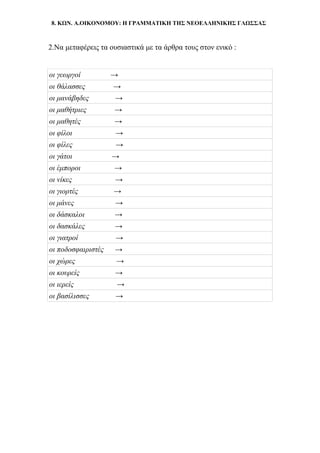 8. ΚΩΝ. Α.ΟΙΚΟΝΟΜΟΥ: Η ΓΡΑΜΜΑΤΙΚΗ ΤΗΣ ΝΕΟΕΛΛΗΝΙΚΗΣ ΓΛΩΣΣΑΣ
2.Να μεταφέρεις τα ουσιαστικά με τα άρθρα τους στον ενικό :
οι γεωργοί →
οι θάλασσες →
οι μανάβηδες →
οι μαθήτριες →
οι μαθητές →
οι φίλοι →
οι φίλες →
οι γάτοι →
οι έμποροι →
οι νίκες →
οι γιορτές →
οι μάνες →
οι δάσκαλοι →
οι δασκάλες →
οι γιατροί →
οι ποδοσφαιριστές →
οι χώρες →
οι κουρείς →
οι ιερείς →
οι βασίλισσες →
 