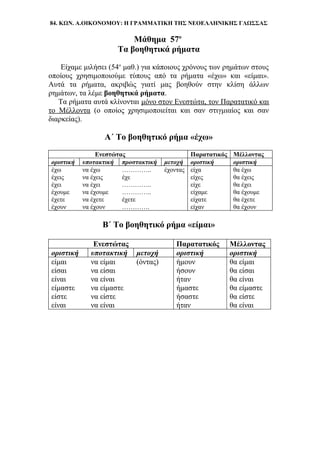 84. ΚΩΝ. Α.ΟΙΚΟΝΟΜΟΥ: Η ΓΡΑΜΜΑΤΙΚΗ ΤΗΣ ΝΕΟΕΛΛΗΝΙΚΗΣ ΓΛΩΣΣΑΣ
Μάθημα 57ο
Τα βοηθητικά ρήματα
Είχαμε μιλήσει (54ο
μαθ.) για κάποιους χρόνους των ρημάτων στους
οποίους χρησιμοποιούμε τύπους από τα ρήματα «έχω» και «είμαι».
Αυτά τα ρήματα, ακριβώς γιατί μας βοηθούν στην κλίση άλλων
ρημάτων, τα λέμε βοηθητικά ρήματα.
Τα ρήματα αυτά κλίνονται μόνο στον Ενεστώτα, τον Παρατατικό και
το Μέλλοντα (ο οποίος χρησιμοποιείται και σαν στιγμιαίος και σαν
διαρκείας).
Α΄ Το βοηθητικό ρήμα «έχω»
Ενεστώτας Παρατατικός Μέλλοντας
οριστική υποτακτική προστακτική μετοχή οριστική οριστική
έχω να έχω ………….. έχοντας είχα θα έχω
έχεις να έχεις έχε είχες θα έχεις
έχει να έχει ………….. είχε θα έχει
έχουμε να έχουμε ………….. είχαμε θα έχουμε
έχετε να έχετε έχετε είχατε θα έχετε
έχουν να έχουν …………. είχαν θα έχουν
Β΄ Το βοηθητικό ρήμα «είμαι»
Ενεστώτας Παρατατικός Μέλλοντας
οριστική υποτακτική μετοχή οριστική οριστική
είμαι να είμαι (όντας) ήμουν θα είμαι
είσαι να είσαι ήσουν θα είσαι
είναι να είναι ήταν θα είναι
είμαστε να είμαστε ήμαστε θα είμαστε
είστε να είστε ήσαστε θα είστε
είναι να είναι ήταν θα είναι
 