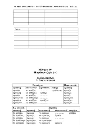 90. ΚΩΝ. Α.ΟΙΚΟΝΟΜΟΥ: Η ΓΡΑΜΜΑΤΙΚΗ ΤΗΣ ΝΕΟΕΛΛΗΝΙΚΗΣ ΓΛΩΣΣΑΣ
Ενεστ.
Μάθημα 60ο
Η πρώτη συζυγία ( γ΄)
Το ρήμα «αρπάζω»
Α΄ Ενεργητική φωνή
Ενεστώτας Παρατατικός
οριστική υποτακτική προστακτ. μετοχή οριστική
αρπάζω να αρπάζω ………. αρπάζοντας άρπαζα
αρπάζεις να αρπάζεις άρπαζε άρπαζες
αρπάζει να αρπάζει ………. άρπαζε
αρπάζουμε να αρπάζουμε ………. αρπάζαμε
αρπάζετε να αρπάζετε αρπάζετε αρπάζατε
αρπάζουν να αρπάζουν ………. άρπαζαν
Εξ. μέλλοντ. Αόριστος
οριστική οριστική υποτακτική προστακτική απαρέμφ.
θα αρπάζω άρπαξα να αρπάξω ………… αρπάξει
θα αρπάζεις άρπαξες να αρπάξεις άρπαξε
θα αρπάζει άρπαξε να αρπάξει …………
θα αρπάζουμε αρπάξαμε να αρπάξουμε …………
θα αρπάζετε αρπάξατε να αρπάξετε αρπάξτε
 