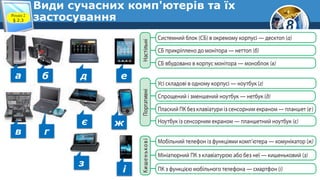 8
Види сучасних комп'ютерів та їх
застосування
а б
в г
д е
є ж
з
і
Розділ 2
§ 2.3
 