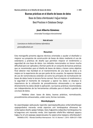 Buenas prácticas en el diseño de bases de datos  193
ARANDU-UTIC – Revista Científica Internacional - Vol. VI, Número 1, ...