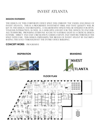 INVEST ATLANTA
MISSION STATEMENT:
The design of this corporate office space will embody the values and image of
invest atlanta. this is a progressive investment firm, and that quality will be
key in the design and branding. collaborative spaces will be utilized for spon-
taneous interaction as well as a semi-open layout for the offices to encour-
age teamwork. providing everyone access to natural light is a critical design
feature. direct and easy circulation guides clients and visitors through the
space with ease. this design emphasizes the brand of invest atlant by incorpo-
rating the logo throughout the entire office building.
CONCEPT WORD: PROGRESSIVE
BRANDING
FLOOR PLAN
INSPIRATION
 