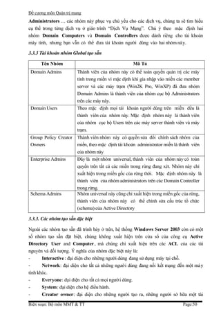 Đề cương môn Quản trị mang
Administrators … các nhóm này phục vụ chủ yếu cho các dịch vụ, chúng ta sẽ tìm hiểu
cụ thể trong từng dịch vụ ở giáo trình “Dịch Vụ Mạng”. Chú ý theo mặc định hai
nhóm Domain Computers và Domain Controllers được dành riêng cho tài khoản
máy tính, nhưng bạn vẫn có thể đưa tài khoản người dùng vào hai nhóm nà y.

3.3.3 Tài khoản nhóm Global tạo sẵn

      Tên Nhóm                                     Mô Tả
 Domain Admins          Thành viên của nhóm này có thể toàn quyền quản trị các máy
                        tính trong miền vì mặc định khi gia nhập vào miền các member
                        server và các máy trạm (Win2K Pro, WinXP) đã đưa nhóm
                        Domain Admins là thành viên của nhóm cục bộ Administrators
                        trên các máy này.
 Domain Users           Theo mặc định mọi tài khoản người dùng trên miền đều là
                        thành viên của nhóm này. Mặc định nhóm này là thành viên
                        của nhóm cục bộ Users trên các máy server thành viên và máy
                        trạm.
 Group Policy Creator   Thành viên nhóm này có quyền sửa đổi chính sách nhóm của
 Owners                 miền, theo mặc định tài khoản administrator miền là thành viên
                        của nhóm này
 Enterprise Admins      Đây là một nhóm universal, thành viên của nhóm này có toàn
                        quyền trên tất cả các miền trong rừng đang xét. Nhóm này chỉ
                        xuất hiện trong miền gốc của rừng thôi. Mặc định nhóm này là
                        thành viên của nhóm administrators trên các Domain Controller
                        trong rừng.
 Schema Admins          Nhóm universal này cũng chỉ xuất hiện trong miền gốc của rừng,
                        thành viên của nhóm này có thể chỉnh sửa cấu trúc tổ chức
                        (schema) của Active Directory

3.3.3. Các nhóm tạo sẵn đặc biệt

Ngoài các nhóm tạo sẵn đã trình bày ở trên, hệ thống Windows Server 2003 còn có một
số nhóm tạo sẵn đặt biệt, chúng không xuất hiện trên cửa sổ của công cụ Active
Directory User and Computer , mà chúng chỉ xuất hiện trên các ACL của các tài
nguyên và đối tượng. Ý nghĩa của nhóm đặc biệt này là:
-      Interactive : đại diện cho những người dùng đang sử dụng máy tại chỗ.
-      Network: đại diện cho tất cả những người dùng đang nối kết mạng đến một má y
tính khác.
-      Everyone: đại diện cho tất cả mọi ngườ i dùng.
-      System: đại diện cho hệ điều hành.
-      Creator owner: đại diện cho những người tạo ra, những người sở hữa một tài

Biên soạn: Bộ môn MMT & TT                                                  Page:50
 
