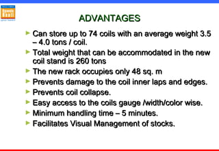 ADVANTAGESADVANTAGES
► Can store up to 74 coils with an average weight 3.5Can store up to 74 coils with an average weight 3.5
– 4.0 tons / coil.– 4.0 tons / coil.
► Total weight that can be accommodated in the newTotal weight that can be accommodated in the new
coil stand is 260 tonscoil stand is 260 tons
► The new rack occupies only 48 sq. mThe new rack occupies only 48 sq. m
► Prevents damage to the coil inner laps and edges.Prevents damage to the coil inner laps and edges.
► Prevents coil collapse.Prevents coil collapse.
► Easy access to the coils gauge /width/color wise.Easy access to the coils gauge /width/color wise.
► Minimum handling time – 5 minutes.Minimum handling time – 5 minutes.
► Facilitates Visual Management of stocks.Facilitates Visual Management of stocks.
 