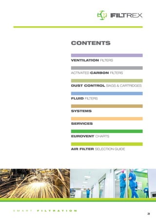 CONTENTS
1
VENTILATION FILTERS
SYSTEMS
DUST CONTROL BAGS & CARTRIDGES
EUROVENT CHARTS
FLUID FILTERS
AIR FILTER SELECTION GUIDE
ACTIVATED CARBON FILTERS
SERVICES
3
 