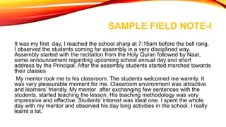 Field Note Example School Teaching practice- I Observation report writing-8607-B.ED-DAY 04-AIOU ...