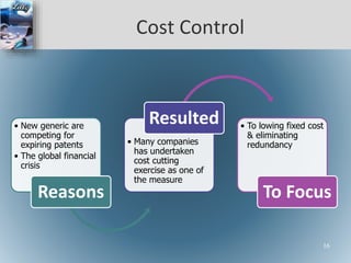 Cost Control
• New generic are
competing for
expiring patents.
• The global financial
crisis
Reasons
• Many companies
has undertaken
cost cutting
exercise as one of
the measure
Resulted • To lowing fixed cost
& eliminating
redundancy
To Focus
16
 