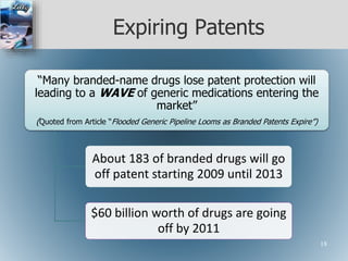 Expiring Patents
“Many branded-name drugs lose patent protection will
leading to a WAVE of generic medications entering the
market”
(Quoted from Article “Flooded Generic Pipeline Looms as Branded Patents Expire”)
About 183 of branded drugs will go
off patent starting 2009 until 2013
$60 billion worth of drugs are going
off by 2011
18
 