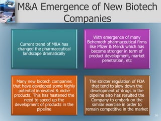 M&A Emergence of New Biotech
Companies
Current trend of M&A has
changed the pharmaceutical
landscape dramatically
With emergence of many
Behemoth pharmaceutical firms
like Pfizer & Merck which has
become stronger in term of
product development, market
penetration, etc
Many new biotech companies
that have developed some highly
potential innovated & niche
products. This has hastened the
need to speed up the
development of products in the
pipeline
The stricter regulation of FDA
that tend to slow down the
development of drugs in the
pipeline also has resulted the
Company to embark on the
similar exercise in order to
remain competitive in the market
30
 