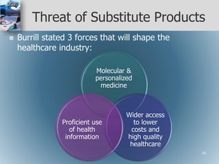 Threat of Substitute Products
 Burrill stated 3 forces that will shape the
healthcare industry:
Molecular &
personalized
medicine
Wider access
to lower
costs and
high quality
healthcare
Proficient use
of health
information
39
 