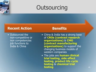 Outsourcing
• China & India has a strong base
of CROs (contract research
organizations) & CMO
(contract manufacturing
organizations) to support the
changing business models of
western companies
• The jobs are human clinical
trial testing, side effect
testing, product life cycle
testing & chemical trial
testing
Benefits
• Outsourced the
non-competitive or
non competencies
job functions to
India & China
Recent Action
48
 
