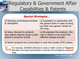 Regulatory & Government Affair
Capabilities & Patents
 Maximize promotional activities
to strengthen.
 Acquisition or partnership with
the generic firms in order to bring
out their own generic version of
the drug
 Heavy discount to products
soon patent expiring drugs to gain
patient & physician loyalty.
 Re-engineer the products. One
way of doing it is to amend the
different dosage strength.
 Switch products from prescription to over-the-counter (OTC) status.
For example, SmithKline-Beecham create a milder version of Tagamet
that does not require prescription to counter the emergence of generic
drug.
Source : Agrawal et. al., 1997
Special Strategies…
54
 