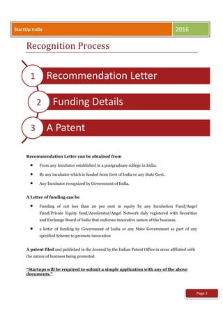 Recommendation Letter
Funding Details
A Patent
1
2
3
Page 2
Recognition Process
Recommendation Letter can be obtained from
 From any Incubator established in a postgraduate college in India.
 By any incubator which is funded from Govt of India or any State Govt.
 Any Incubator recognized by Government of India.
A Letter of funding can be
 Funding of not less than 20 per cent in equity by any Incubation Fund/Angel
Fund/Private Equity fund/Accelerator/Angel Network duly registered with Securities
and Exchange Board of India that endorses innovative nature of the business.
 a letter of funding by Government of India or any State Government as part of any
specified Scheme to promote innovation
A patent filed and published in the Journal by the Indian Patent Office in areas affiliated with
the nature of business being promoted.
“Startups will be required to submit a simple application with any of the above
documents.”
StartUp India 2016
 