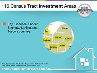 *Loan Originations and Defaults in the Mortgage Crisis: The Role of the Middle
Class, Manuel Adelino, Antoinette Schoar, Felipe Severino, 2015
Bay, Genesee, Lapeer,
Saginaw, Sanilac, and
Tuscola counties.
116 Census Tract Investment Areas
 
