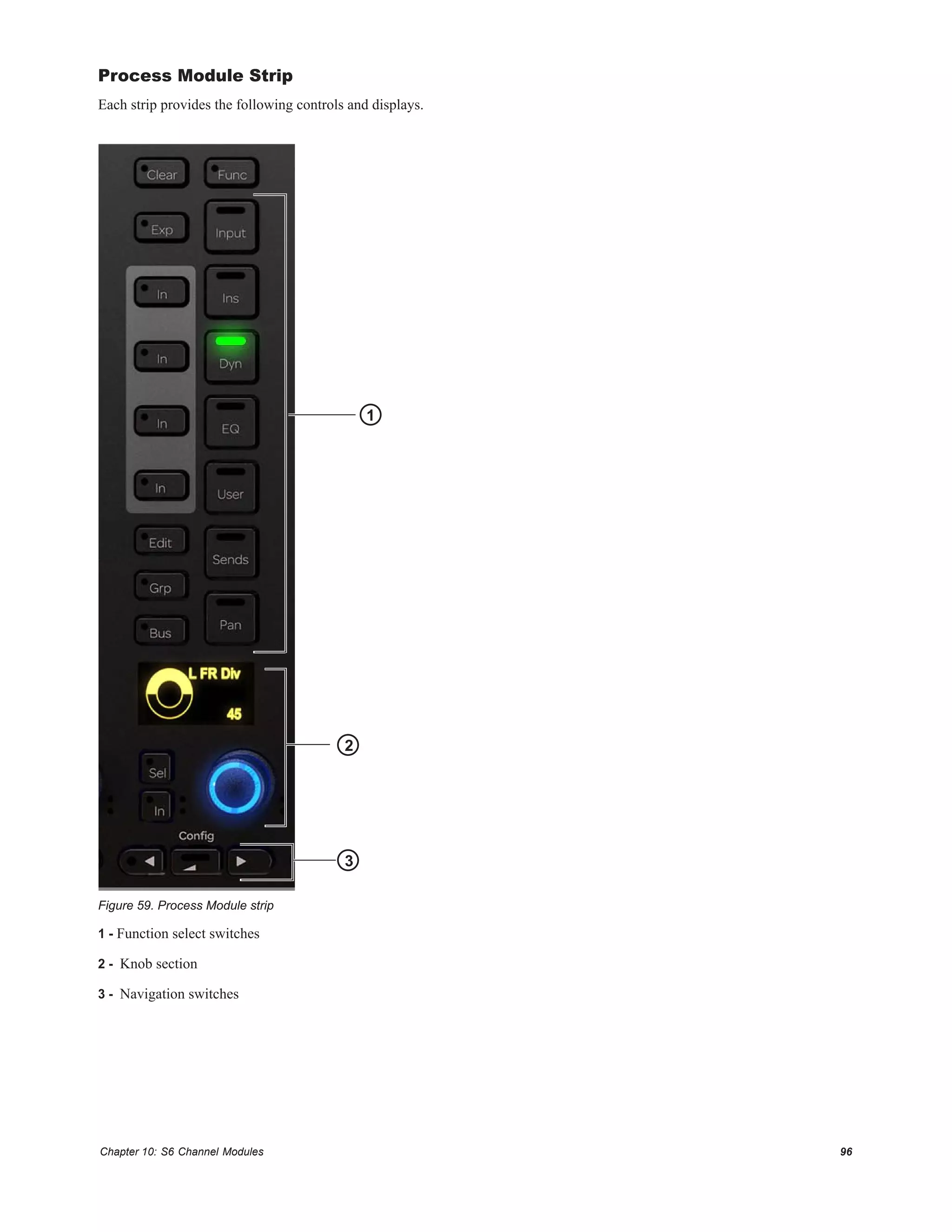 Chapter 10: S6 Channel Modules 96
Process Module Strip
Each strip provides the following controls and displays.
1 - Function select switches
2 - Knob section
3 - Navigation switches
Figure 59. Process Module strip
1
2
3
 