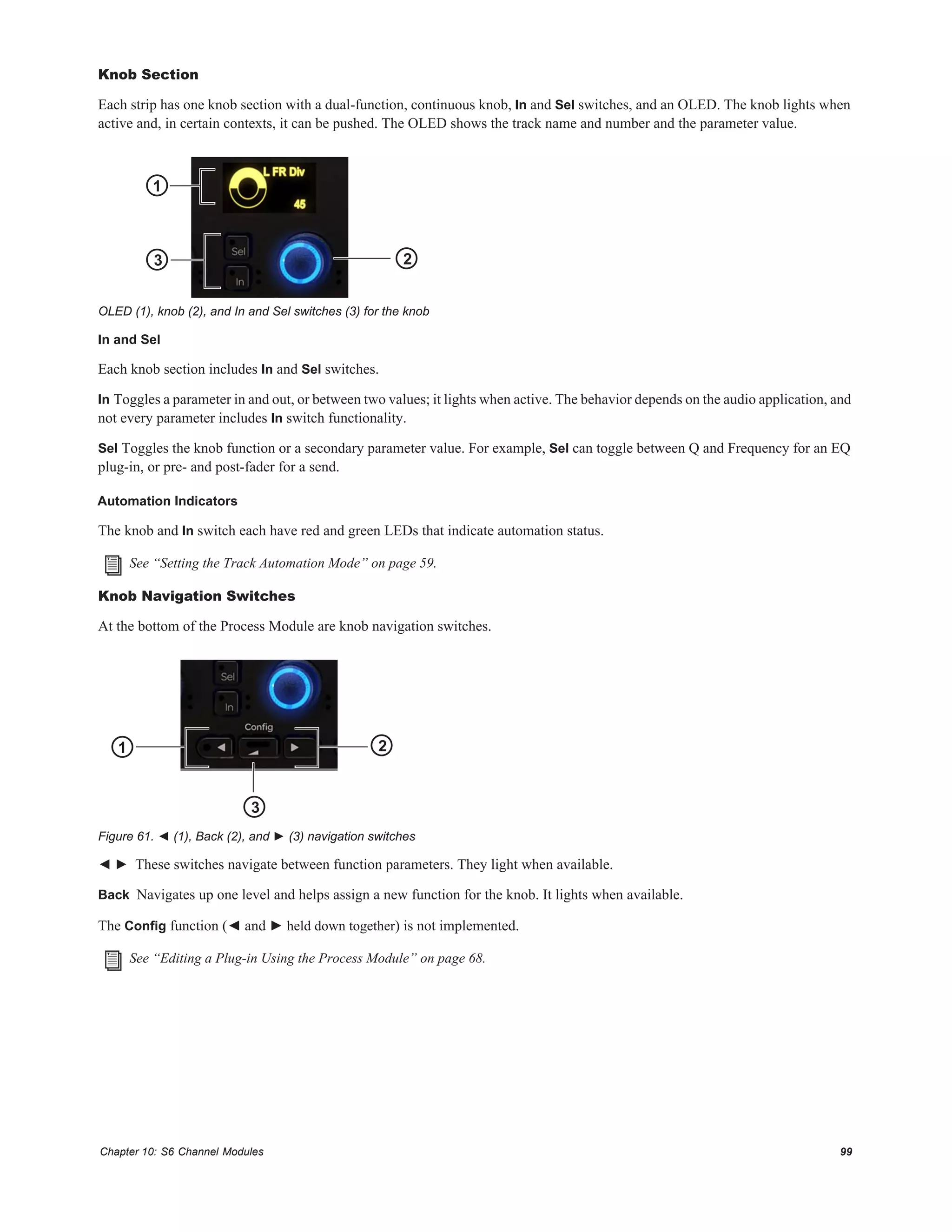 Chapter 10: S6 Channel Modules 99
Knob Section
Each strip has one knob section with a dual-function, continuous knob, In and Sel switches, and an OLED. The knob lights when
active and, in certain contexts, it can be pushed. The OLED shows the track name and number and the parameter value.
In and Sel
Each knob section includes In and Sel switches.
In Toggles a parameter in and out, or between two values; it lights when active. The behavior depends on the audio application, and
not every parameter includes In switch functionality.
Sel Toggles the knob function or a secondary parameter value. For example, Sel can toggle between Q and Frequency for an EQ
plug-in, or pre- and post-fader for a send.
Automation Indicators
The knob and In switch each have red and green LEDs that indicate automation status.
Knob Navigation Switches
At the bottom of the Process Module are knob navigation switches.
◄ ► These switches navigate between function parameters. They light when available.
Back Navigates up one level and helps assign a new function for the knob. It lights when available.
The Config function (◄ and ► held down together) is not implemented.
OLED (1), knob (2), and In and Sel switches (3) for the knob
See “Setting the Track Automation Mode” on page 59.
Figure 61. ◄ (1), Back (2), and ► (3) navigation switches
See “Editing a Plug-in Using the Process Module” on page 68.
3 2
1
21
3
 