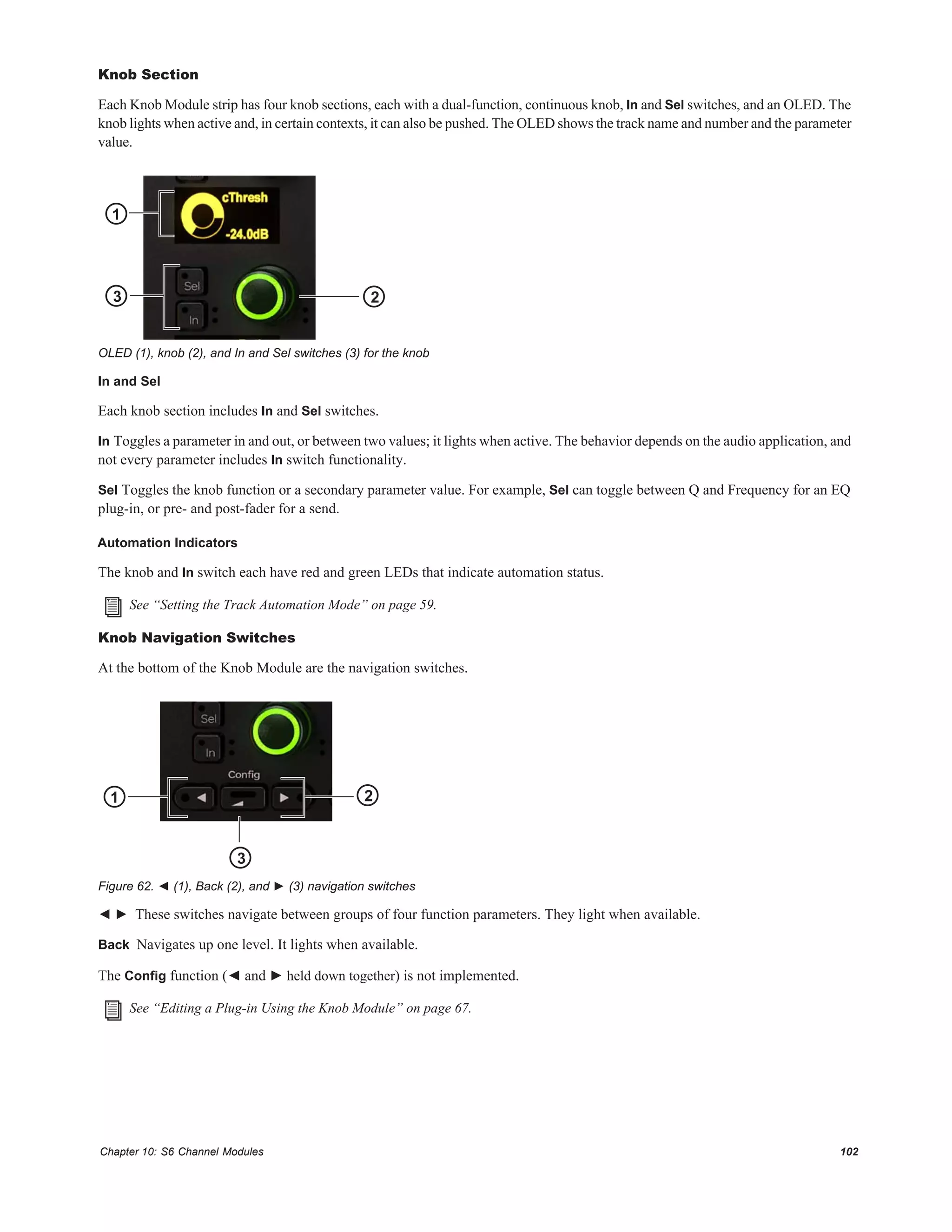 Chapter 10: S6 Channel Modules 102
Knob Section
Each Knob Module strip has four knob sections, each with a dual-function, continuous knob, In and Sel switches, and an OLED. The
knob lights when active and, in certain contexts, it can also be pushed. The OLED shows the track name and number and the parameter
value.
In and Sel
Each knob section includes In and Sel switches.
In Toggles a parameter in and out, or between two values; it lights when active. The behavior depends on the audio application, and
not every parameter includes In switch functionality.
Sel Toggles the knob function or a secondary parameter value. For example, Sel can toggle between Q and Frequency for an EQ
plug-in, or pre- and post-fader for a send.
Automation Indicators
The knob and In switch each have red and green LEDs that indicate automation status.
Knob Navigation Switches
At the bottom of the Knob Module are the navigation switches.
◄ ► These switches navigate between groups of four function parameters. They light when available.
Back Navigates up one level. It lights when available.
The Config function (◄ and ► held down together) is not implemented.
OLED (1), knob (2), and In and Sel switches (3) for the knob
See “Setting the Track Automation Mode” on page 59.
Figure 62. ◄ (1), Back (2), and ► (3) navigation switches
See “Editing a Plug-in Using the Knob Module” on page 67.
3 2
1
21
3
 