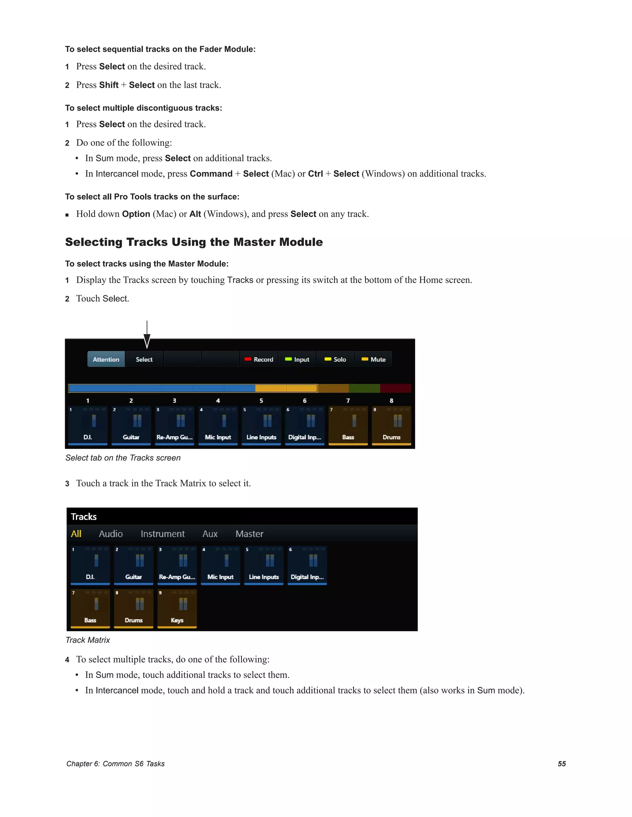Chapter 6: Common S6 Tasks 55
To select sequential tracks on the Fader Module:
1 Press Select on the desired track.
2 Press Shift + Select on the last track.
To select multiple discontiguous tracks:
1 Press Select on the desired track.
2 Do one of the following:
• In Sum mode, press Select on additional tracks.
• In Intercancel mode, press Command + Select (Mac) or Ctrl + Select (Windows) on additional tracks.
To select all Pro Tools tracks on the surface:
 Hold down Option (Mac) or Alt (Windows), and press Select on any track.
Selecting Tracks Using the Master Module
To select tracks using the Master Module:
1 Display the Tracks screen by touching Tracks or pressing its switch at the bottom of the Home screen.
2 Touch Select.
3 Touch a track in the Track Matrix to select it.
4 To select multiple tracks, do one of the following:
• In Sum mode, touch additional tracks to select them.
• In Intercancel mode, touch and hold a track and touch additional tracks to select them (also works in Sum mode).
Select tab on the Tracks screen
Track Matrix
 