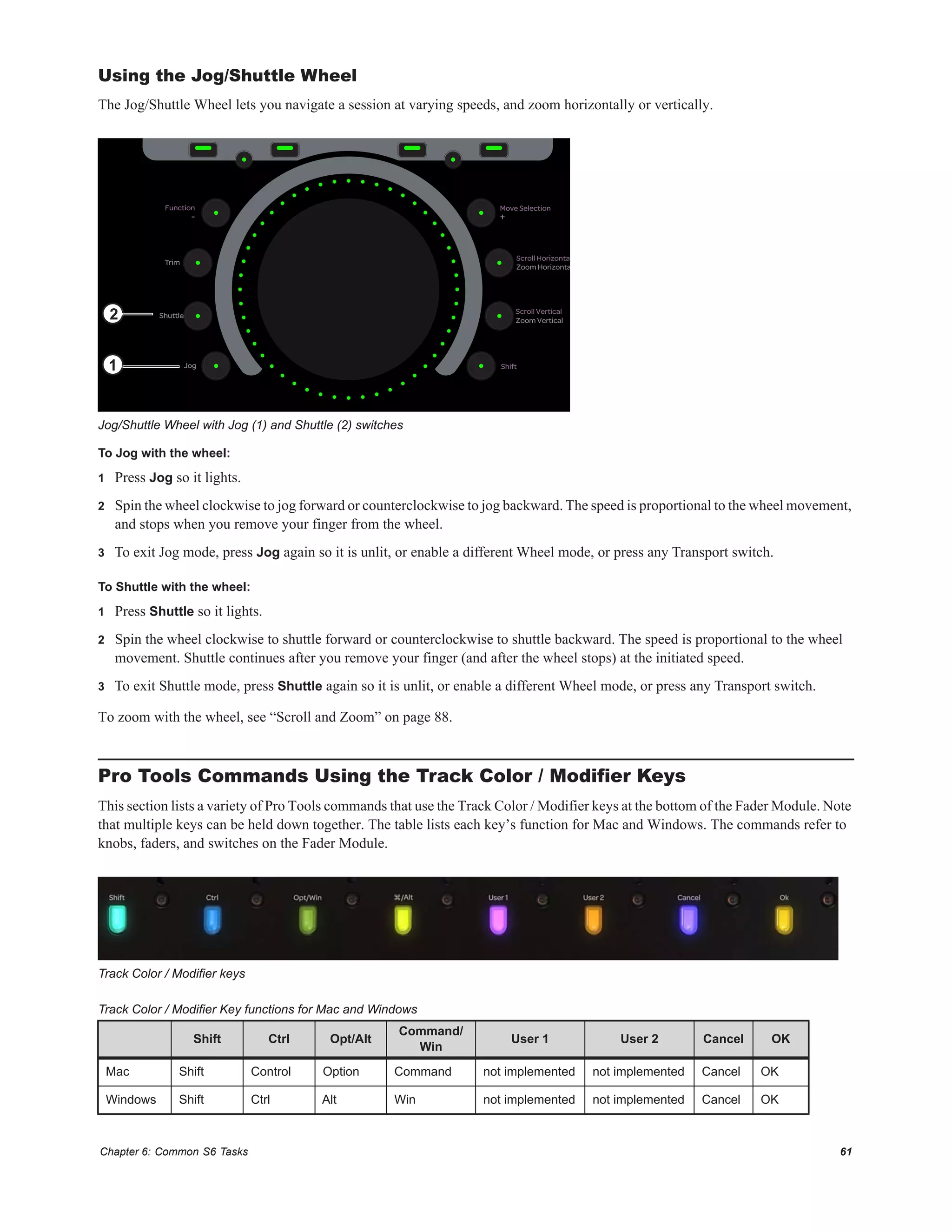 Chapter 6: Common S6 Tasks 61
Using the Jog/Shuttle Wheel
The Jog/Shuttle Wheel lets you navigate a session at varying speeds, and zoom horizontally or vertically.
To Jog with the wheel:
1 Press Jog so it lights.
2 Spin the wheel clockwise to jog forward or counterclockwise to jog backward. The speed is proportional to the wheel movement,
and stops when you remove your finger from the wheel.
3 To exit Jog mode, press Jog again so it is unlit, or enable a different Wheel mode, or press any Transport switch.
To Shuttle with the wheel:
1 Press Shuttle so it lights.
2 Spin the wheel clockwise to shuttle forward or counterclockwise to shuttle backward. The speed is proportional to the wheel
movement. Shuttle continues after you remove your finger (and after the wheel stops) at the initiated speed.
3 To exit Shuttle mode, press Shuttle again so it is unlit, or enable a different Wheel mode, or press any Transport switch.
To zoom with the wheel, see “Scroll and Zoom” on page 88.
Pro Tools Commands Using the Track Color / Modifier Keys
This section lists a variety of Pro Tools commands that use the Track Color / Modifier keys at the bottom of the Fader Module. Note
that multiple keys can be held down together. The table lists each key’s function for Mac and Windows. The commands refer to
knobs, faders, and switches on the Fader Module.
Jog/Shuttle Wheel with Jog (1) and Shuttle (2) switches
Track Color / Modifier keys
Track Color / Modifier Key functions for Mac and Windows
Shift Ctrl Opt/Alt
Command/
Win
User 1 User 2 Cancel OK
Mac Shift Control Option Command not implemented not implemented Cancel OK
Windows Shift Ctrl Alt Win not implemented not implemented Cancel OK
Jog
Shuttle
Trim
Zoom Vertical
Zoom Horizonta
+-
Shift
Scroll Vertical
Scroll Horizonta
Move SelectionFunction
1
2
 