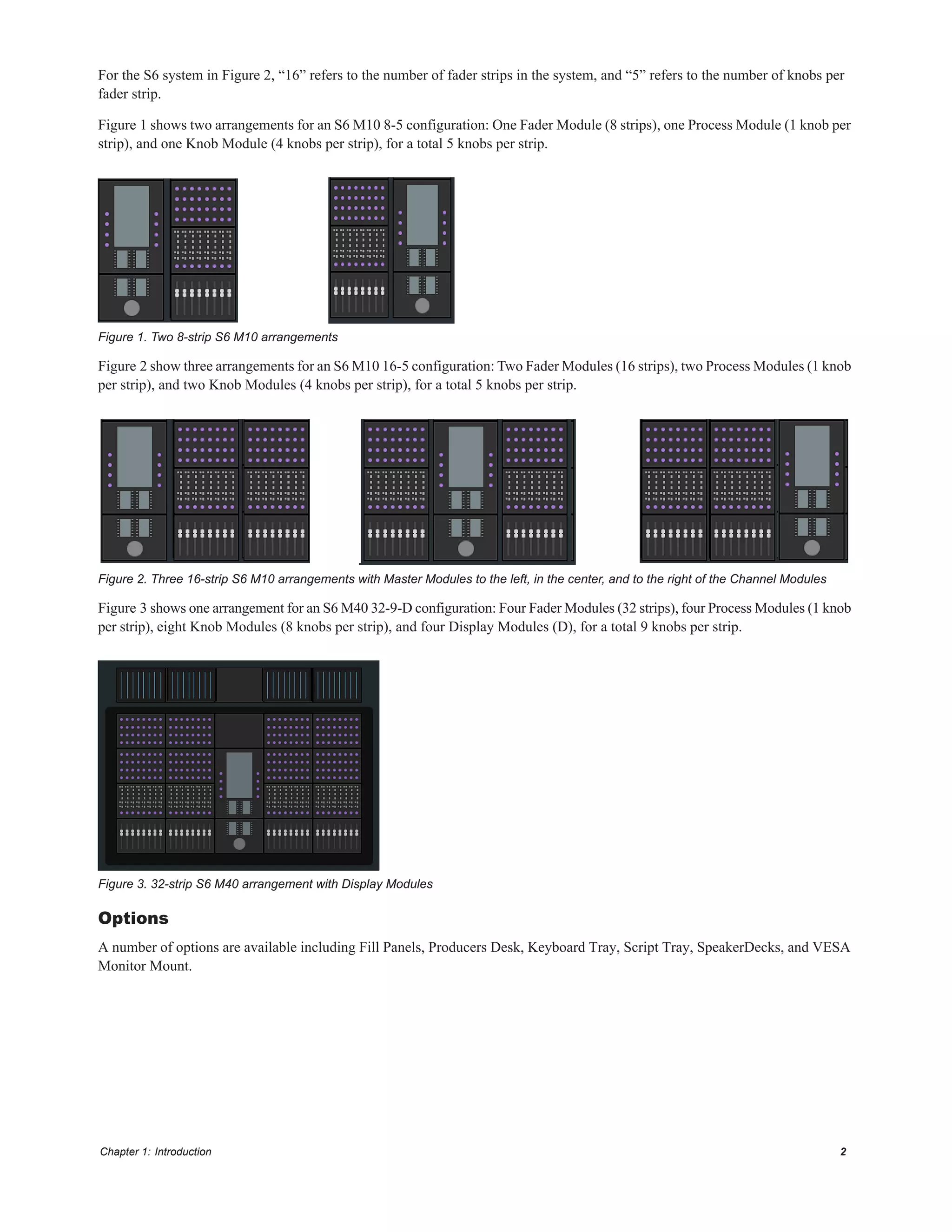 Chapter 1: Introduction 2
For the S6 system in Figure 2, “16” refers to the number of fader strips in the system, and “5” refers to the number of knobs per
fader strip.
Figure 1 shows two arrangements for an S6 M10 8-5 configuration: One Fader Module (8 strips), one Process Module (1 knob per
strip), and one Knob Module (4 knobs per strip), for a total 5 knobs per strip.
Figure 2 show three arrangements for an S6 M10 16-5 configuration: Two Fader Modules (16 strips), two Process Modules (1 knob
per strip), and two Knob Modules (4 knobs per strip), for a total 5 knobs per strip.
Figure 3 shows one arrangement for an S6 M40 32-9-D configuration: Four Fader Modules (32 strips), four Process Modules (1 knob
per strip), eight Knob Modules (8 knobs per strip), and four Display Modules (D), for a total 9 knobs per strip.
Options
A number of options are available including Fill Panels, Producers Desk, Keyboard Tray, Script Tray, SpeakerDecks, and VESA
Monitor Mount.
Figure 1. Two 8-strip S6 M10 arrangements
Figure 2. Three 16-strip S6 M10 arrangements with Master Modules to the left, in the center, and to the right of the Channel Modules
Figure 3. 32-strip S6 M40 arrangement with Display Modules
 