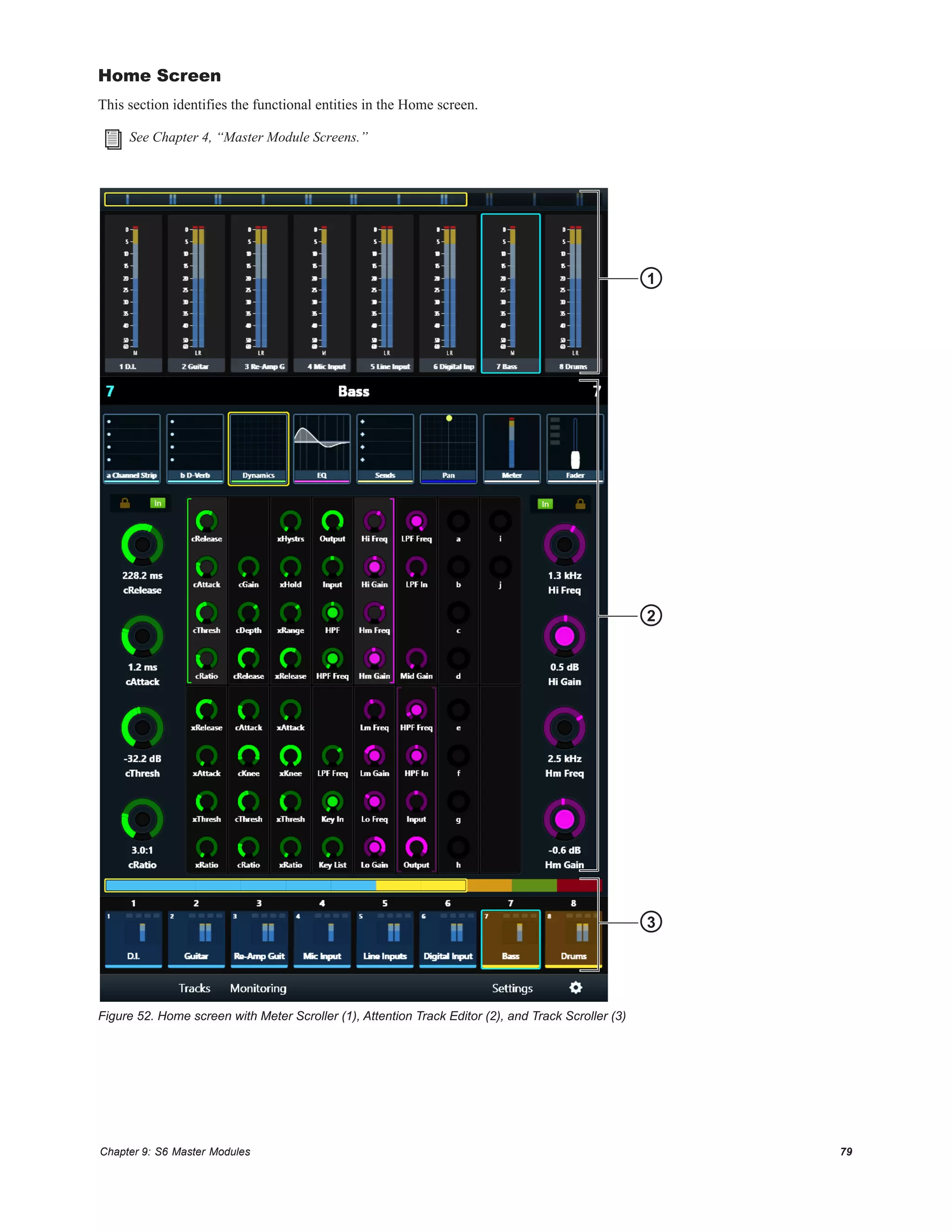 Chapter 9: S6 Master Modules 79
Home Screen
This section identifies the functional entities in the Home screen.
See Chapter 4, “Master Module Screens.”
Figure 52. Home screen with Meter Scroller (1), Attention Track Editor (2), and Track Scroller (3)
1
2
3
 