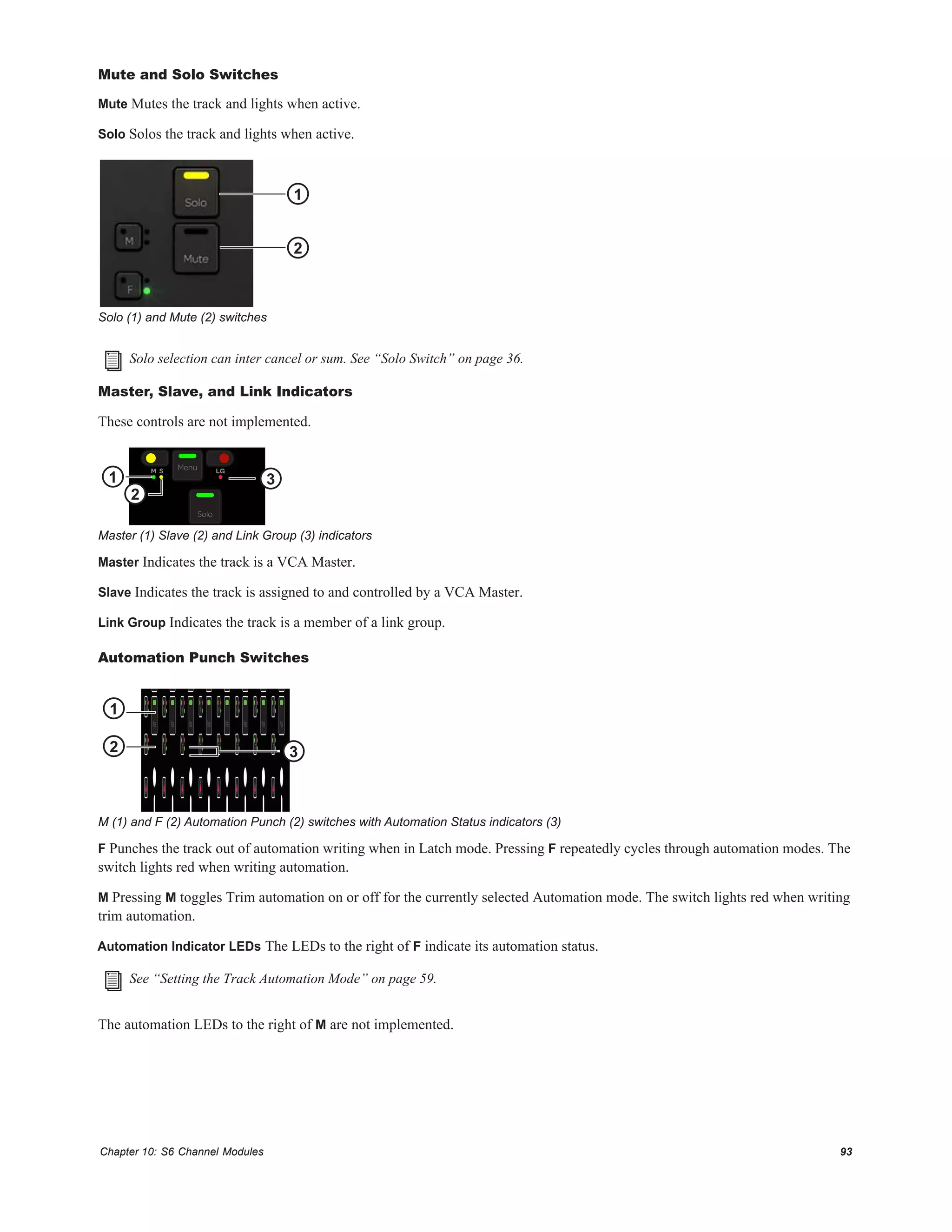 Chapter 10: S6 Channel Modules 93
Mute and Solo Switches
Mute Mutes the track and lights when active.
Solo Solos the track and lights when active.
Master, Slave, and Link Indicators
These controls are not implemented.
Master Indicates the track is a VCA Master.
Slave Indicates the track is assigned to and controlled by a VCA Master.
Link Group Indicates the track is a member of a link group.
Automation Punch Switches
F Punches the track out of automation writing when in Latch mode. Pressing F repeatedly cycles through automation modes. The
switch lights red when writing automation.
M Pressing M toggles Trim automation on or off for the currently selected Automation mode. The switch lights red when writing
trim automation.
Automation Indicator LEDs The LEDs to the right of F indicate its automation status.
The automation LEDs to the right of M are not implemented.
Solo (1) and Mute (2) switches
Solo selection can inter cancel or sum. See “Solo Switch” on page 36.
Master (1) Slave (2) and Link Group (3) indicators
M (1) and F (2) Automation Punch (2) switches with Automation Status indicators (3)
See “Setting the Track Automation Mode” on page 59.
2
1
M S Menu
Solo
LG
1 3
2
F
M
Mute
F
M
Mute
F
M
Mute
F
M
Mute
F
M
Mute
F
M
Mute
F
M
Mute
F
M
Mute
2
1
3
 