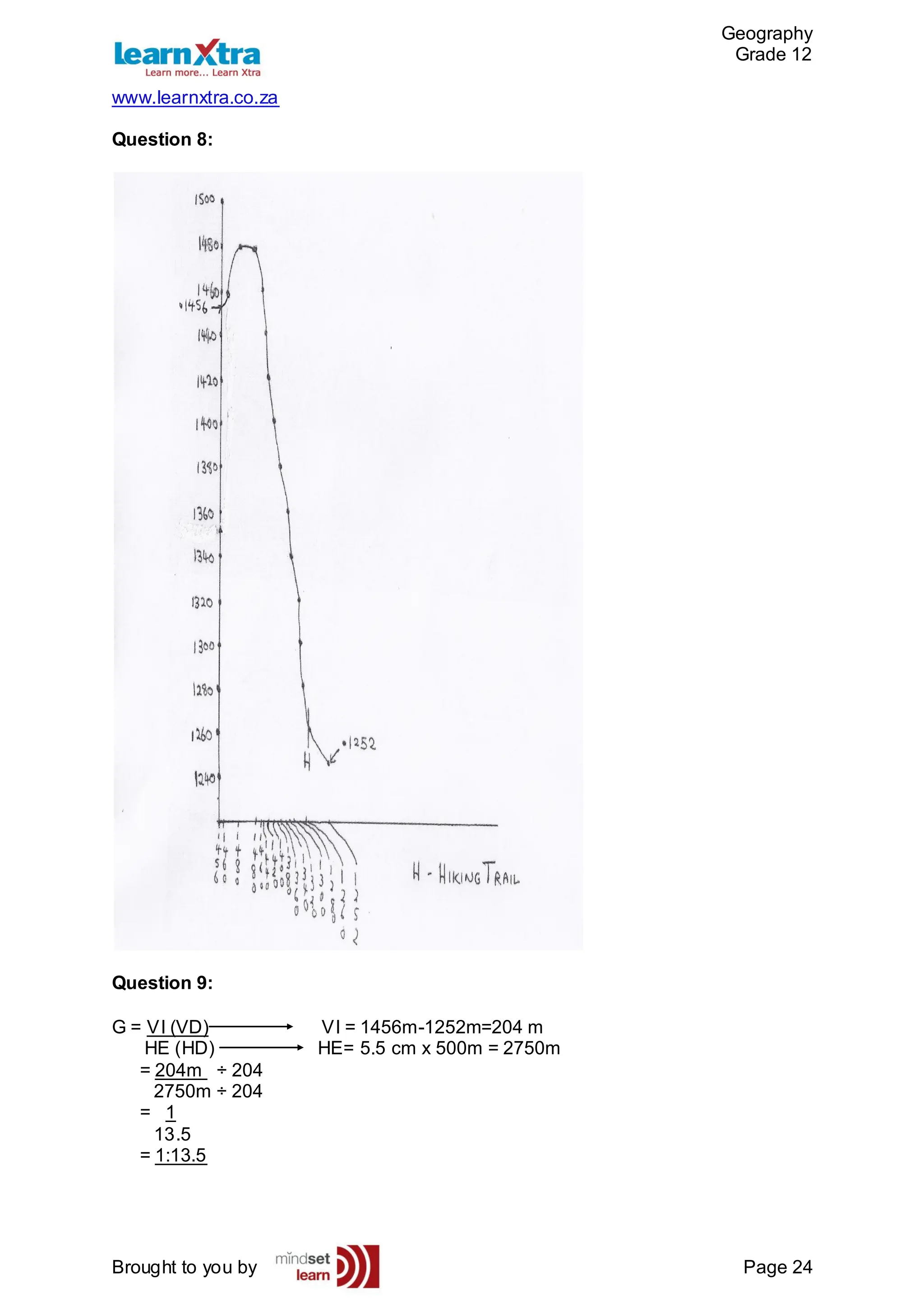 Geography
Grade 12
www.learnxtra.co.za
Brought to you by Page 24
Question 8:
Question 9:
G = VI (VD) VI = 1456m-1252m=204 m
HE (HD) HE= 5.5 cm x 500m = 2750m
= 204m ÷ 204
2750m ÷ 204
= 1
13.5
= 1:13.5
 
