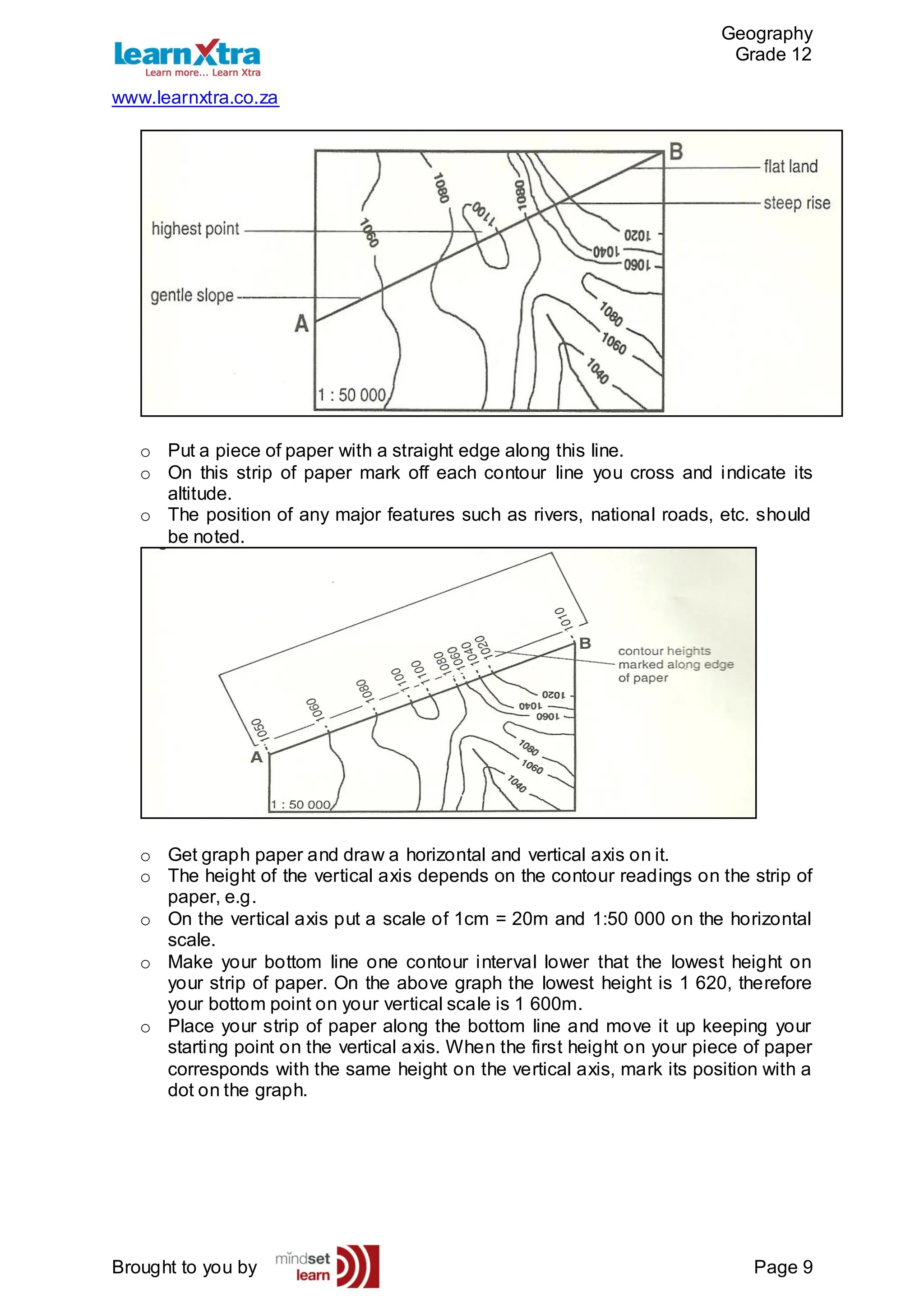 Geography
Grade 12
www.learnxtra.co.za
Brought to you by Page 9
o Put a piece of paper with a straight edge along this line.
o On this strip of paper mark off each contour line you cross and indicate its
altitude.
o The position of any major features such as rivers, national roads, etc. should
be noted.
o Get graph paper and draw a horizontal and vertical axis on it.
o The height of the vertical axis depends on the contour readings on the strip of
paper, e.g.
o On the vertical axis put a scale of 1cm = 20m and 1:50 000 on the horizontal
scale.
o Make your bottom line one contour interval lower that the lowest height on
your strip of paper. On the above graph the lowest height is 1 620, therefore
your bottom point on your vertical scale is 1 600m.
o Place your strip of paper along the bottom line and move it up keeping your
starting point on the vertical axis. When the first height on your piece of paper
corresponds with the same height on the vertical axis, mark its position with a
dot on the graph.
 