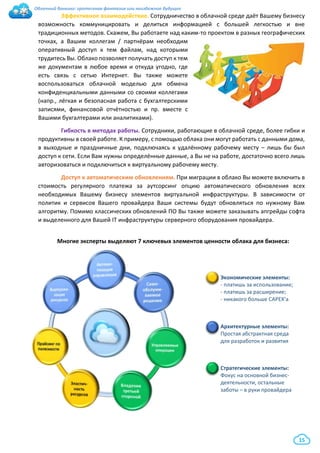 Облачный банкинг: гротескная фантазия или неизбежное будущее
15
Эффективное взаимодействие. Сотрудничество в облачной среде даёт Вашему бизнесу
возможность коммуницировать и делиться информацией с большей легкостью и вне
традиционных методов. Скажем, Вы работаете над каким-то проектом в разных географических
точках, а Вашим коллегам / партнёрам необходим
оперативный доступ к тем файлам, над которыми
трудитесь Вы. Облако позволяет получать доступ к тем
же документам в любое время и откуда угодно, где
есть связь с сетью Интернет. Вы также можете
воспользоваться облачной моделью для обмена
конфиденциальными данными со своими коллегами
(напр., лёгкая и безопасная работа с бухгалтерскими
записями, финансовой отчётностью и пр. вместе с
Вашими бухгалтерами или аналитиками).
Гибкость в методах работы. Сотрудники, работающие в облачной среде, более гибки и
продуктивны в своей работе. К примеру, с помощью облака они могут работать с данными дома,
в выходные и праздничные дни, подключаясь к удалённому рабочему месту – лишь бы был
доступ к сети. Если Вам нужны определённые данные, а Вы не на работе, достаточно всего лишь
авторизоваться и подключиться к виртуальному рабочему месту.
Доступ к автоматическим обновлениям. При миграции в облако Вы можете включить в
стоимость регулярного платежа за аутсорсинг опцию автоматического обновления всех
необходимых Вашему бизнесу элементов виртуальной инфраструктуры. В зависимости от
политик и сервисов Вашего провайдера Ваши системы будут обновляться по нужному Вам
алгоритму. Помимо классических обновлений ПО Вы также можете заказывать апгрейды софта
и выделенного для Вашей IT инфраструктуры серверного оборудования провайдера.
Многие эксперты выделяют 7 ключевых элементов ценности облака для бизнеса:
Экономические элементы:
- платишь за использование;
- платишь за расширение;
- никакого больше CAPEX’а
Архитектурные элементы:
Простая абстрактная среда
для разработок и развития
Стратегические элементы:
Фокус на основной бизнес-
деятельности, остальные
заботы – в руки провайдера
 