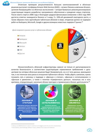 Облачный банкинг: гротескная фантазия или неизбежное будущее
17
Отличным примером результативности больших капиталовложений в облачные
решения выступает платформа Amazon Web Services (AWS) – сегмент бизнеса компании Amazon,
целиком базирующийся на облачных вычислениях – которая буквально революционизировала
существующие модели разработки программного обеспечения и рождения новых стартапов.
После своего старта в 2006 году и благодаря щедрым финансовым вливаниям к 2015 году AWS
достигла отметки ликвидности бизнеса в 5 млрд. $ с 50%-ой динамикой ежегодного роста, и
таким образом стала крупнейшим публичным облаком в мире, отодвинув далеко на задворки
ребят из Rackspace, Microsoft, Google и других всемирно известных лидеров IT рынка:23
Жизнеспособность облачной инфраструктуры зависит не только от урегулированости
аспектов безопасности и соответствия существующим нормативным требованиям к дата-
центрам (на которых облачные решения будут базироваться), но и от типа данных, хранящихся
там, и это типичная зона риска в отношении публичного облака. Чтобы убрать сомнения, нужно
понимать суть и разницу в подходах к «Данным в статике», «Данным в использовании» и
«Данным в движении», а также к понятию «Суверенность данных», поскольку это и есть
критерии, определяющие, насколько облако пригодно к применению в бизнес-деятельности.24
23 www.qz.com/388105/amazon-is-about-to-reveal-one-of-its-biggest-secrets-the-size-of-its-cloud-business/
24 Nuno Godinho, General Manager Software, Europe / Software CTO, Europe at GE Healthcare
Данные в
статике
Неактивные данные, физически
хранящиеся в базах данных,
хранилищах данных, таблицах,
архивах, на лентах и off-site
бэкап-ресурсах
Данные в
использовании
Активные данные,
подвергающиеся регулярной
обработке, физически хранятся в
базах данных, хранилищах
данных, таблицах и т.п.
Данные в
движении
Информация, активно
курсирующая в сети либо
временно аллоцирующаяся в
оперативной памяти ЭОМ для
считывания или обновления
8%
6%
3%
3%
30%
50%
Доли мирового рынка услуг в публичном облаке
Rackspace
Microsoft
Verizon
IBM
Others
Amazon
Другие
 