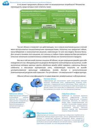 Облачный банкинг: гротескная фантазия или неизбежное будущее
7
А что может предложить облако в ответ на вышеуказанные потребности? Множество
преимуществ, среди которых стоит отметить такие:
Так вот облако и позволяет как действующим, так и новым участникам рынка в полной
мене воспользоваться вышеупомянутыми преимуществами, поскольку оно предлагает гибкое,
масштабируемое и низкозатратное решение, изменяющее по сути всю модель бизнеса банка.
Для лучшего понимая этого решения, его сильных и слабых сторон предлагаю Вам рассмотреть
описание нескольких основоположных элементов облака как технологического продукта.
Все мы в той или иной степени слышали об облаке, но для упрощения давайте для себя
определим его как «базирующиеся на ресурсах Интернета компьютерные вычисления, в ходе
выполнения которых крупные группы удалённых между собой серверов и хранилищ данных
соединены в массивную виртуальную сеть, позволяющую получить на выходе
централизованное хранилище информации, онлайн доступ к вычислительным
(компьютерным) ресурсам либо сервисам». По сути облако – это виртуальная IT инфраструктура.
Обычно облако классифицируется по двум моделям: развёртывание и обслуживание.
НОВЫЕ
ВОЗМОЖНОСТИ
Максимальная гибкость бизнеса
Облако масштабируется быстро в
соответствии с потребностями компании
Скорость подключения
и отключения сервисов
исчисляется в минутах,
а не днях
Правила и безопасность
Нормативные акты будут адаптироваться
под потребности рынка и запросы банков
Данные защищены
шифрованием
Провайдеры облака
сертифицируются
Качественный опыт
клиента катализирует
развитие рынкаКоличество
обновлений
программного
приложения в год
4
52
120
2010 2015 2020
Оптимизация расходов IT
До внедрения
облака
Первый год после
внедрения облака
Расходы среднестат. банка на IT
(% от общего дохода)
5,2%
3,2%
Модель
развёртывания
Частное
облако
ап
Частное облако
инфраструктура для использования одной организацией, имеющей
несколько потребителей (напр., подразделений), возможно также
клиентами и подрядчиками данной организации. Может пребывать в
собственности, управлении и эксплуатации как самой организации, так и
третьей стороны (или какой-либо их комбинации), и может физически
быть размещена как внутри, так и вне юрисдикции владельца.
Общественное облако
инфраструктура для использования конкретным сообществом потребителей из
организаций, имеющих общие задачи (напр., миссии, требований безопасности,
политики, и соответствия различным требованиям). Может находиться в
кооперативной (совместной) собственности, управлении и эксплуатации одной
или более из организаций сообщества или третьей стороны, и может физически
существовать как внутри, так и вне юрисдикции владельца.
Гибридное облако
комбинация из нескольких различных
облачных инфраструктур (частных,
публичных, общественных), остающихся
уникальными объектами, но связанных
между собой стандартизованными или
частными технологиями передачи данных
и приложений (напр., кратковременное
использование ресурсов публичных
облачных структур для балансировки
нагрузки между облаками).
Публичное облако
инфраструктура для свободного
использования широкой
публикой без ограничения на
право доступа к определённым
его ресурсам/информации.
Физически размещена в
юрисдикции владельца —
поставщика услуг.
 