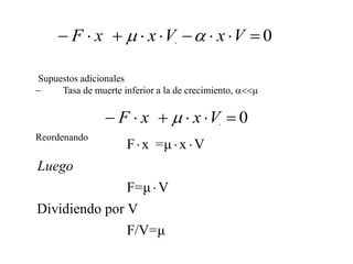 Supuestos adicionales
- Tasa de muerte inferior a la de crecimiento, a<<m
Reordenando
0--  VxVxxF am
0- VxxF m
F x =μ x V
F=μ V
Dividiendo por V
F/V=μ
Luego
  

 