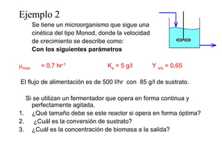 Ejemplo 2
Se tiene un microorganismo que sigue una
cinética del tipo Monod, donde la velocidad
de crecimiento se describe como:
Con los siguientes parámetros
mmax = 0,7 hr-1 Ks = 5 g/l Y x/s = 0,65
El flujo de alimentación es de 500 l/hr con 85 g/l de sustrato.
Si se utilizan un fermentador que opera en forma continua y
perfectamente agitada,
1. ¿Qué tamaño debe se este reactor si opera en forma óptima?
2. ¿Cuál es la conversión de sustrato?
3. ¿Cuál es la concentración de biomasa a la salida?
 