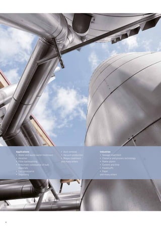 4
Applications
•	 Water and waste water treatment
•	 Aeration
•	 Filter backwashing
•	 Pneumatic conveyance of bulk
	materials
•	 Gas conveyance
•	 Degassing
•	 Dust removal
•	 Vacuum production
•	 Biogas treatment
and many others
Industries
•	 Sewage treatment
•	 Chemical and process technology
•	 Power plants
•	 Cement and lime
•	 Foodstuffs
•	 Paper
and many others
 