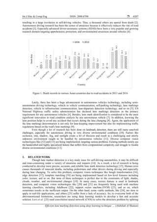 Int J Elec & Comp Eng ISSN: 2088-8708 
Efficient lane marking detection using deep learning technique … (Abdullah Al Mamun)
4207
resulting in a large revolution in self-driving vehicles. Thus, a thousand others are spared from death [2].
Autonomous driving research has been the center of attraction because it effectively reduces the risk of road
accidents [3]. Especially advanced driver-assistance systems (ADAS) have been a very popular and growing
research domain targeting apprehension, protection, and environmental awareness around vehicles [4].
Figure 1. Death records in various Asian countries due to road accidents in 2013 and 2016
Lately, there has been a huge advancement in autonomous vehicles technology, including semi-
autonomous driving technology, vehicle to vehicle communication, self-parking technology, lane markings
detection, vehicle to infrastructure communication, lane-departure detection technology, and so on [5]. US
National Highway traffic safety administration has declared lane markings detection as the primary
requirement for any autonomous vehicles [6]. Besides, lane mark identification is considered to be the most
significant innovation in road condition analysis by any autonomous vehicle [7]. In addition, knowing the
lane position helps to avoid any accident that occurs during the lane changing [8]. Again, the application of
the lane markings determination is not only for lane-keeping improvement but also for implementing traffic
regulations based on the road's lane markings [9].
Even though a lot of research has been done on landmark detection, there are still many unsolved
challenges, especially for autonomous driving in very diverse environmental conditions [10]. Factors like
occlusion, rain, shadow, fog, and sunlight create a lot of illusions and result in a challenging and utterly
unknown environment taught to be handled by autonomous vehicles [11]. Diverse computer vision
technologies like [12] and [13] are being implemented, targeting various problems. Existing methods mostly use
the handcrafted and highly specialized feature that suffers from computational complexity and struggle to truckle
diverse environmental conditions [11].
2. RELATED WORK
Though lane marker detection is a key study issue for self-driving automobiles, it may be difficult
and time-consuming under a variety of situations and impacts [14]. As a result, a lot of research is being
conducted to develop more precise, accurate, and reliable lane mark detection technology [15]. Human error
causes thousands of innocent deaths, including pedestrians and other drivers during driving and especially
during lane changing. To solve this problem, computer vision techniques like hough transformation [16],
edge detection [17], template matching [18] are being implemented based on low-level features including
color, texture, and so on. But none of these techniques is perfect due to the constraints of light, shades,
clouds, weather, and environmental changes [19]. In many cases, texture feature is used in landmark
detection, and computer vision technologies like [20] and [21] are frequently being used with machine
learning classifiers, including AdaBoost [22], support vector machine (SVM) [23], and so on, which
sometimes results in the inefficient output. On the other hand, some viable methods, like [24], are slow to
apply in real-life applications, and others [25] suffer from a lack of accuracy. So, to overcome both of the
abovementioned limitations, researchers are using deep learning models to develop a fast and accurate
solution. Levi et al. [25] used convolution neural network (CNN) to solve the detection problem by splitting
0
17.8
12.2
16.6
23.6
19.9
12.3
2.8
32.7
26.4
8
17.4
15.3
14.3
24
20.3
10.5
3.6
36.2
24.5
Death
Rate
Country
2016 2013
 