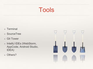 Tools
❖ Terminal
❖ SourceTree
❖ Git Tower
❖ IntelliJ IDEs (WebStorm,
AppCode, Android Studio,
IDEA)
❖ Others?
 