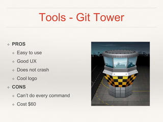Tools - Git Tower
❖ PROS
❖ Easy to use
❖ Good UX
❖ Does not crash
❖ Cool logo
❖ CONS
❖ Can’t do every command
❖ Cost $60
 