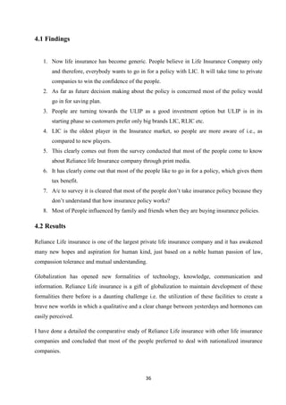 4.1 Findings


   1. Now life insurance has become generic. People believe in Life Insurance Company only
       and therefore, everybody wants to go in for a policy with LIC. It will take time to private
       companies to win the confidence of the people.
   2. As far as future decision making about the policy is concerned most of the policy would
       go in for saving plan.
   3. People are turning towards the ULIP as a good investment option but ULIP is in its
       starting phase so customers prefer only big brands LIC, RLIC etc.
   4. LIC is the oldest player in the Insurance market, so people are more aware of i.e., as
       compared to new players.
   5. This clearly comes out from the survey conducted that most of the people come to know
       about Reliance life Insurance company through print media.
   6. It has clearly come out that most of the people like to go in for a policy, which gives them
       tax benefit.
   7. A/c to survey it is cleared that most of the people don’t take insurance policy because they
       don’t understand that how insurance policy works?
   8. Most of People influenced by family and friends when they are buying insurance policies.

4.2 Results

Reliance Life insurance is one of the largest private life insurance company and it has awakened
many new hopes and aspiration for human kind, just based on a noble human passion of law,
compassion tolerance and mutual understanding.

Globalization has opened new formalities of technology, knowledge, communication and
information. Reliance Life insurance is a gift of globalization to maintain development of these
formalities there before is a daunting challenge i.e. the utilization of these facilities to create a
brave new worlds in which a qualitative and a clear change between yesterdays and hormones can
easily perceived.

I have done a detailed the comparative study of Reliance Life insurance with other life insurance
companies and concluded that most of the people preferred to deal with nationalized insurance
companies.



                                                 36
 