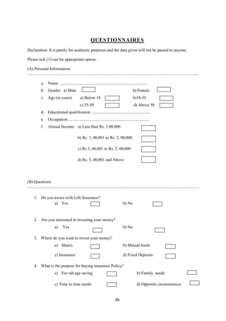 QUESTIONNAIRES
Declaration: It is purely for academic purposes and the data given will not be passed to anyone.

Please tick (√) out for appropriate option.

(A) Personal Information:
....................................................................................................................................................................

             a. Name: ...................................................................................
             b. Gender: a) Male                                                                     b) Female
             c. Age (in years)                    a) Below 18                                        b)18-35
                                                  c) 35-50                                           d) Above 50
             d. Educational qualification: .......................................................
             e. Occupation: .............................................................................
             f.    Annual Income: a) Less than Rs. 1,00,000

                                                b) Rs. 1, 00,001 to Rs. 3, 00,000

                                                c) Rs 3, 00,001 to Rs. 5, 00,000

                                                d) Rs. 5, 00,001 and Above




(B) Questions:
....................................................................................................................................................................

      1. Do you aware with Life Insurance?
                a) Yes                                                                     b) No


      2. Are you interested in investing your money?
                          a)     Yes                                                       b) No

      3. Where do you want to invest your money?
                          a) Shares                                                        b) Mutual funds

                          c) Insurance                                                     d) Fixed Deposits

      4. What is the purpose for buying insurance Policy?
                          a) For old age saving                                                         b) Family needs

                          c) Time to time needs                                                         d) Opposite circumstances


                                                                                    46
 