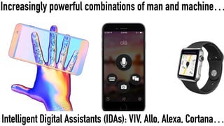 Increasingly powerful combinations of man and machine…
Intelligent Digital Assistants (IDAs): VIV, Allo, Alexa, Cortana…
 