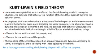  Lewin was a neo-gestaltist, who transferred the Gestalt learning model to everyday
situations. He believed that behavior is a function of the field that exists at the time the
behavior occurs.
 He proposed that human behavior is a function of both the person and the environment
in which the behavior takes place, including the social parameters. He also understood a
dynamic interaction of elements in the field. He believed that behavior was purposeful
and visualized the individual as existing in a field of forces which included two things:
 + Valence forces, which attract the people, and;
 – Valence forces, which repel the people.
 The blending of these fields produced an approach/avoidance dynamic. According to
Lewin, learning is essential to coping with these opposing force fields.
For a thorough understanding, the following diagram will suffice the purpose.
 