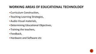 Curriculum Construction,
Teaching-Learning Strategies,
Audio-Visual materials,
Determining Educational Objectives,
Training the teachers,
Feedback,
Hardware and Software etc
 