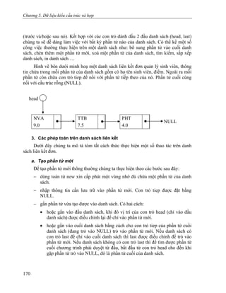 Chương 5. Dữ liệu kiểu cấu trúc và hợp
(trước và/hoặc sau nó). Kết hợp với các con trỏ đánh dấu 2 đầu danh sách (head, last)
chúng ta sẽ dễ dàng làm việc với bất kỳ phần tử nào của danh sách. Có thể kể một số
công việc thường thực hiện trên một danh sách như: bổ sung phần tử vào cuối danh
sách, chèn thêm một phần tử mới, xoá một phần tử của danh sách, tìm kiếm, sắp xếp
danh sách, in danh sách …
Hình vẽ bên dưới minh hoạ một danh sách liên kết đơn quản lý sinh viên, thông
tin chứa trong mỗi phần tử của danh sách gồm có họ tên sinh viên, điểm. Ngoài ra mỗi
phần tử còn chứa con trỏ tiep để nối với phần tử tiếp theo của nó. Phần tử cuối cùng
nối với cấu trúc rỗng (NULL).
head
NVA
9.0
TTB
7.5
PHT
4.0
NULL
3. Các phép toán trên danh sách liên kết
Dưới đây chúng ta mô tả tóm tắt cách thức thực hiện một số thao tác trên danh
sách liên kết đơn.
a. Tạo phần tử mới
Để tạo phần tử mới thông thường chúng ta thực hiện theo các bước sau đây:
− dùng toán tử new xin cấp phát một vùng nhớ đủ chứa một phần tử của danh
sách.
− nhập thông tin cần lưu trữ vào phần tử mới. Con trỏ tiep được đặt bằng
NULL.
− gắn phần tử vừa tạo được vào danh sách. Có hai cách:
• hoặc gắn vào đầu danh sách, khi đó vị trí của con trỏ head (chỉ vào đầu
danh sách) được điều chỉnh lại để chỉ vào phần tử mới.
• hoặc gắn vào cuối danh sách bằng cách cho con trỏ tiep của phần tử cuối
danh sách (đang trỏ vào NULL) trỏ vào phần tử mới. Nếu danh sách có
con trỏ last để chỉ vào cuối danh sách thì last được điều chỉnh để trỏ vào
phần tử mới. Nếu danh sách không có con trỏ last thì để tìm được phần tử
cuối chương trình phải duyệt từ đầu, bắt đầu từ con trỏ head cho đến khi
gặp phần tử trỏ vào NULL, đó là phần tử cuối của danh sách.
170
 