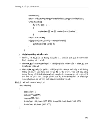 Chương 6. Đồ họa và âm thanh
randomize();
for (i=1;i<3001;i++) {xarr[i]=random(maxx);yarr[i]=random(maxy);}
while (!kbhit()) {
for (i=1;i<3001;i++)
{
putpixel(xarr[i], yarr[i], random(maxc));delay(1);
}
for (i=1;i<3001;i++)
if (getpitxel(xarr[i], yarr[i]) == random(maxc))
putpitxel(xarr[i], yarr[i], 0);
}
}
c. Vẽ đường thẳng và gấp khúc
• line(x1, y1, x2, y2): Vẽ đường thẳng từ (x1, y1) đến (x2, y2). Con trỏ màn
hình vẫn đứng tại vị trí cũ.
• lineto(x, y): Vẽ đường thẳng từ vị trí hiện tại của con trỏ đến vị trí (x, y). con
trỏ chuyển về (x, y).
• linerel(dx, dy): Gọi (x, y) là vị trí hiện tại của con trỏ, lệnh này sẽ vẽ đường
thẳng nối (x, y) với điểm mới có tọa độ (x+dx, y+dy). Tức lệnh này cũng
tương đương với lệnh lineto(getx()+dx, gety()+dy), trong đó getx() và gety() là
hai hàm trả lại vị trí x, y hiện tại của con trỏ. Lệnh linerel sau khi thực hiện
xong sẽ đặt con trỏ tại vị trí cuối của đường thẳng vừa vẽ.
Ví dụ 3 : Vẽ hình bao thư bằng 1 nét.
void baothu()
{
setbkcolor(1);
setcolor(YELLOW);
moveto(100, 100);
lineto(300, 100); lineto(300, 200); lineto(100, 200); lineto(100, 100);
lineto(200, 50); lineto(300, 100);
}
189
 