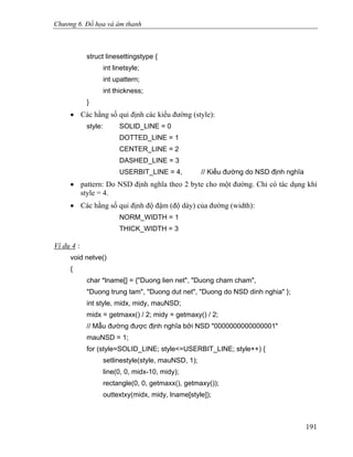 Chương 6. Đồ họa và âm thanh
struct linesettingstype {
int linetsyle;
int upattern;
int thickness;
}
• Các hằng số qui định các kiểu đường (style):
style: SOLID_LINE = 0
DOTTED_LINE = 1
CENTER_LINE = 2
DASHED_LINE = 3
USERBIT_LINE = 4, // Kiểu đường do NSD định nghĩa
• pattern: Do NSD định nghĩa theo 2 byte cho một đường. Chỉ có tác dụng khi
style = 4.
• Các hằng số qui định độ đậm (độ dày) của đường (width):
NORM_WIDTH = 1
THICK_WIDTH = 3
Ví dụ 4 :
void netve()
{
char *lname[] = {"Duong lien net", "Duong cham cham",
"Duong trung tam", "Duong dut net", "Duong do NSD dinh nghia" };
int style, midx, midy, mauNSD;
midx = getmaxx() / 2; midy = getmaxy() / 2;
// Mẫu đường được định nghĩa bởi NSD "0000000000000001"
mauNSD = 1;
for (style=SOLID_LINE; style<=USERBIT_LINE; style++) {
setlinestyle(style, mauNSD, 1);
line(0, 0, midx-10, midy);
rectangle(0, 0, getmaxx(), getmaxy());
outtextxy(midx, midy, lname[style]);
191
 