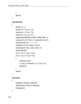 Chương 6. Đồ họa và âm thanh
}
getch();
}
void Vehamg()
{
double x, y, z;
double xa = -10, xb = 10;
double ya = -10, yb = 10;
double xp = 0.1, yp = 0.1;
settextstyle(TRIPLEX_FONT, HORIZ_DIR, 1);
outtextxy(10, 20, "Ham z = sin(sqrt(x*x+y*y))");
outtextxy(100, 30, "------------");
outtextxy(115, 40, "sqrt(x*x+y*y)");
setviewport(0, midy, maxx, maxy, 0);
setcolor(BLUE);
for (x = xa; x <= xb; x+=xp)
for (y = ya; y <= yb; y+=yp)
{
if (kbhit()) return;
z = g(x, y); lineto(X(x, y, z), Y(x, y, z));
delay(10);
}
getch();
}
void main()
{
Initgraph(); Vetruc(); Vehamf();
cleardevice(); Vetruc(); Vehamg();
closegraph();
}
206
 
