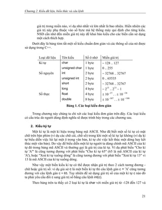 Chương 2. Kiểu dữ liệu, biểu thức và câu lệnh
giá trị trong miền nào, ví dụ nhỏ nhất và lớn nhất là bao nhiêu. Hiển nhiên các
giá trị này phụ thuộc vào số byte mà hệ thống máy qui định cho từng kiểu.
NSD cần nhớ đến miền giá trị này để khai báo kiểu cho các biến cần sử dụng
một cách thích hợp.
Dưới đây là bảng tóm tắt một số kiểu chuẩn đơn giản và các thông số của nó được
sử dụng trong C++.
Loại dữ liệu Tên kiểu Số ô nhớ Miền giá trị
Kí tự char 1 byte − 128 .. 127
unsigned char 1 byte 0 .. 255
Số nguyên int 2 byte − 32768 .. 32767
unsigned int 2 byte 0 .. 65535
short 2 byte − 32768 .. 32767
long 4 byte − 215
.. 215
– 1
Số thực float 4 byte ± 10 -37
. . ± 10 +38
double 8 byte ± 10 -307
. . ± 10 +308
Bảng 1. Các loại kiểu đơn giản
Trong chương này chúng ta chỉ xét các loại kiểu đơn giản trên đây. Các loại kiểu
có cấu trúc do người dùng định nghĩa sẽ được trình bày trong các chương sau.
2. Kiểu ký tự
Một kí tự là một kí hiệu trong bảng mã ASCII. Như đã biết một số kí tự có mặt
chữ trên bàn phím (ví dụ các chữ cái, chữ số) trong khi một số kí tự lại không (ví dụ kí
tự biểu diễn việc lùi lại một ô trong văn bản, kí tự chỉ việc kết thúc một dòng hay kết
thúc một văn bản). Do vậy để biểu diễn một kí tự người ta dùng chính mã ASCII của kí
tự đó trong bảng mã ASCII và thường gọi là giá trị của kí tự. Ví dụ phát biểu "Cho kí
tự 'A'" là cũng tương đương với phát biểu "Cho kí tự 65" (65 là mã ASCII của kí tự
'A'), hoặc "Xoá kí tự xuống dòng" là cũng tương đương với phát biểu "Xoá kí tự 13" vì
13 là mã ASCII của kí tự xuống dòng.
Như vậy một biến kiểu kí tự có thể được nhận giá trị theo 2 cách tương đương -
chữ hoặc giá trị số: ví dụ giả sử c là một biến kí tự thì câu lệnh gán c = 'A' cũng tương
đương với câu lệnh gán c = 65. Tuy nhiên để sử dụng giá trị số của một kí tự c nào đó
ta phải yêu cầu đổi c sang giá trị số bằng câu lệnh int(c).
Theo bảng trên ta thấy có 2 loại kí tự là char với miền giá trị từ -128 đến 127 và
21
 