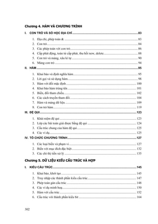 Chương 4. HÀM VÀ CHƯƠNG TRÌNH
I. CON TRỎ VÀ SỐ HỌC ĐỊA CHỈ.................................................................................83
1. Địa chỉ, phép toán & ............................................................................................ 83
2. Con trỏ.................................................................................................................. 84
3. Các phép toán với con trỏ..................................................................................... 86
4. Cấp phát động, toán tử cấp phát, thu hồi new, delete........................................... 88
5. Con trỏ và mảng, xâu kí tự................................................................................... 90
6. Mảng con trỏ ........................................................................................................ 94
II. HÀM.............................................................................................................................95
1. Khai báo và định nghĩa hàm................................................................................. 95
2. Lời gọi và sử dụng hàm........................................................................................ 98
3. Hàm với đối mặc định........................................................................................ 100
4. Khai báo hàm trùng tên...................................................................................... 101
5. Biến, đối tham chiếu........................................................................................... 102
6. Các cách truyền tham đối................................................................................... 104
7. Hàm và mảng dữ liệu ......................................................................................... 109
8. Con trỏ hàm........................................................................................................ 119
III. ĐỆ QUI.......................................................................................................................123
1. Khái niệm đệ qui ................................................................................................ 123
2. Lớp các bài toán giải được bằng đệ qui ............................................................. 124
3. Cấu trúc chung của hàm đệ qui.......................................................................... 125
4. Các ví dụ............................................................................................................. 125
IV. TỔ CHỨC CHƯƠNG TRÌNH.....................................................................................127
1. Các loại biến và phạm vi.................................................................................... 127
2. Biến với mục đích đặc biệt................................................................................. 132
3. Các chỉ thị tiền xử lý .......................................................................................... 135
Chương 5. DỮ LIỆU KIỂU CẤU TRÚC VÀ HỢP
I. KIỂU CẤU TRÚC.......................................................................................................145
1. Khai báo, khởi tạo .............................................................................................. 145
2. Truy nhập các thành phần kiểu cấu trúc............................................................. 147
3. Phép toán gán cấu trúc ....................................................................................... 148
4. Các ví dụ minh hoạ............................................................................................. 150
5. Hàm với cấu trúc................................................................................................ 152
6. Cấu trúc với thành phần kiểu bit ........................................................................ 164
302
 
